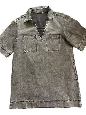 Washed Gray Short Sleeve V-Neck Tunic Dress pockets Size M 100% Cotton